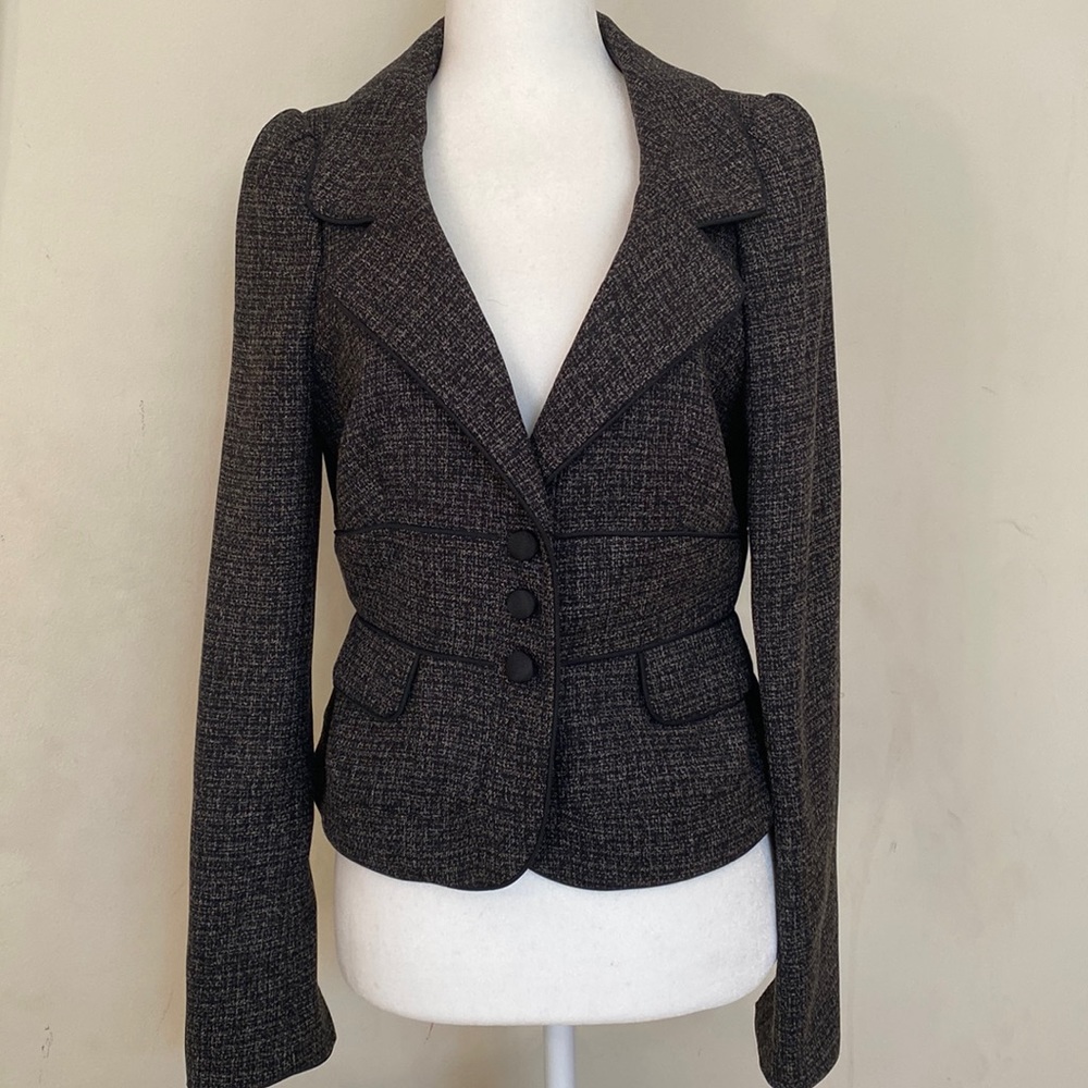 Hobbs fitted puff sleeve black ivory tweed 3-button blazer Sz 10 EUC